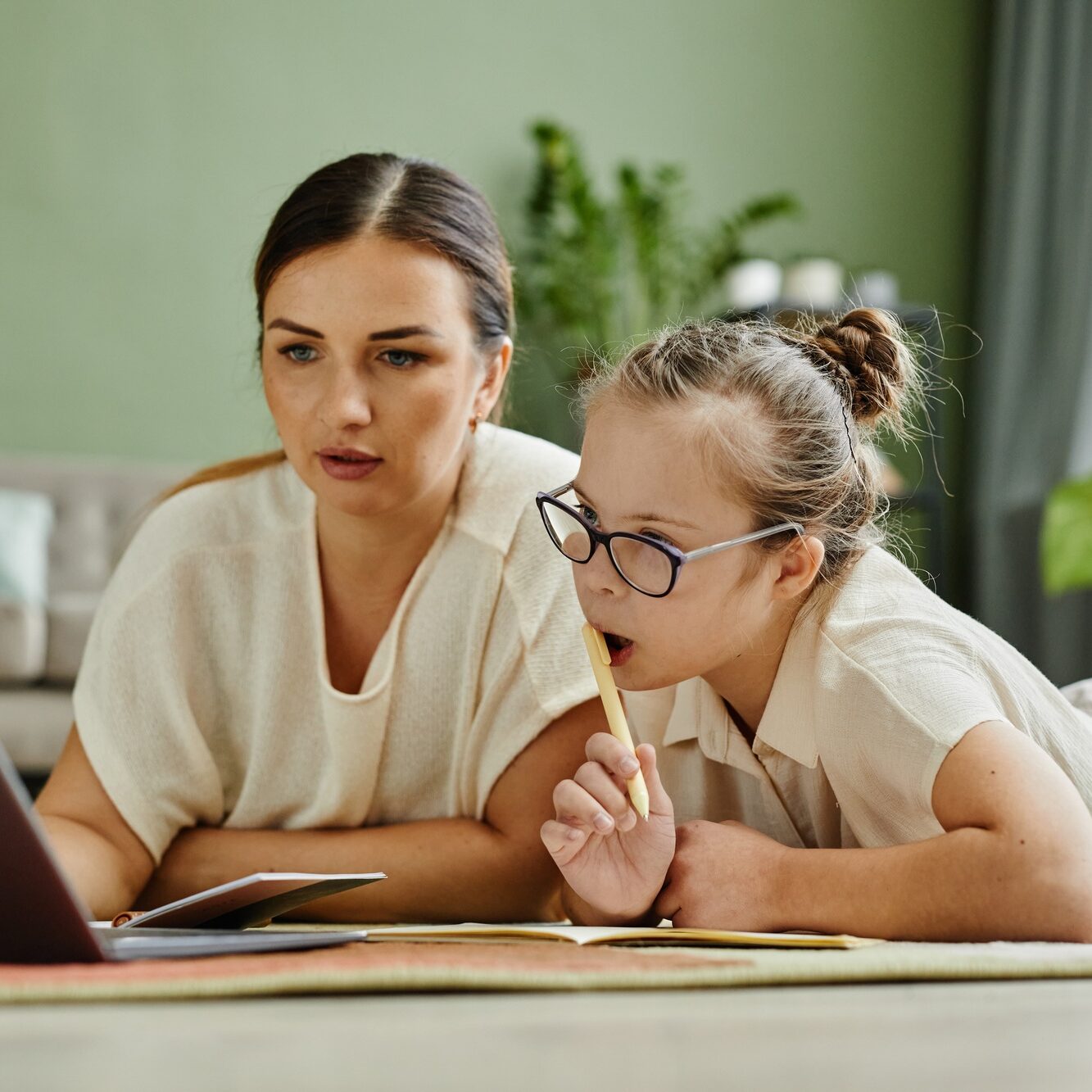 Mom and Daughter Studying